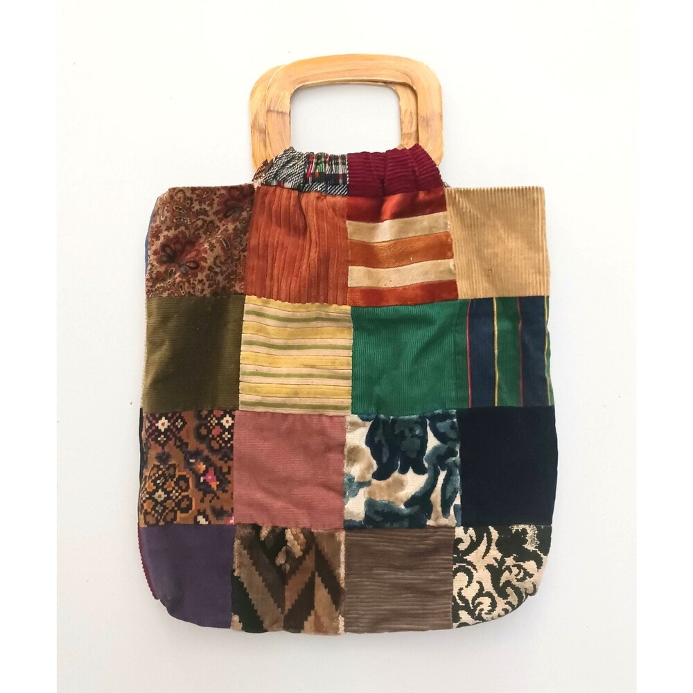 VTG Patchwork Tote Mixed Tapestry Corduroy Velvets Double Wood Handles 15x15